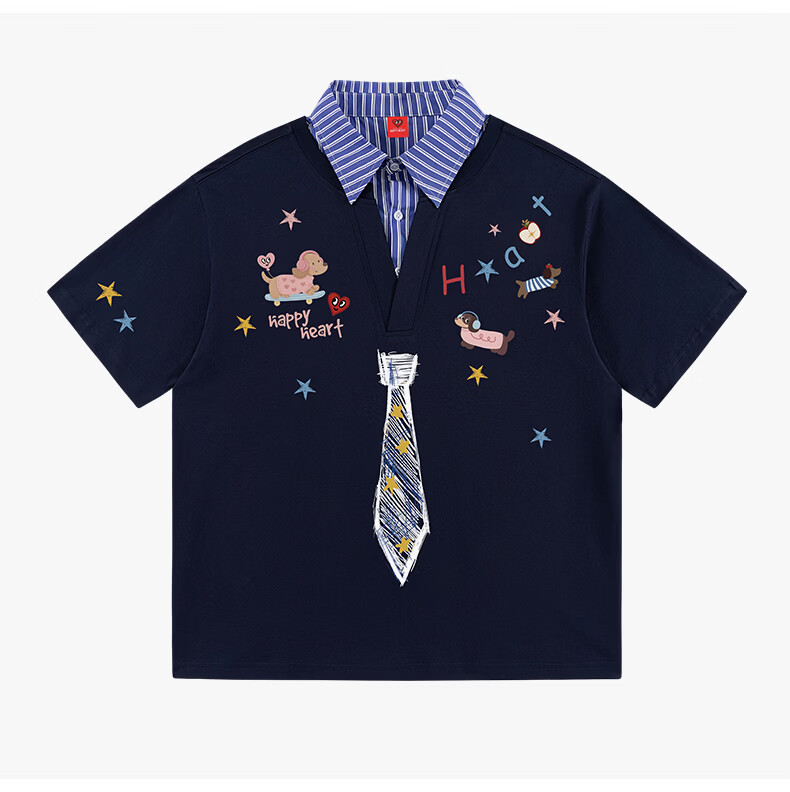 Charles Peach Heart Fake Two-Piece Cartoon Graffiti Tie Print Unisex Cotton Couple Short Sleeve Polo Shirt Off-White XS 19