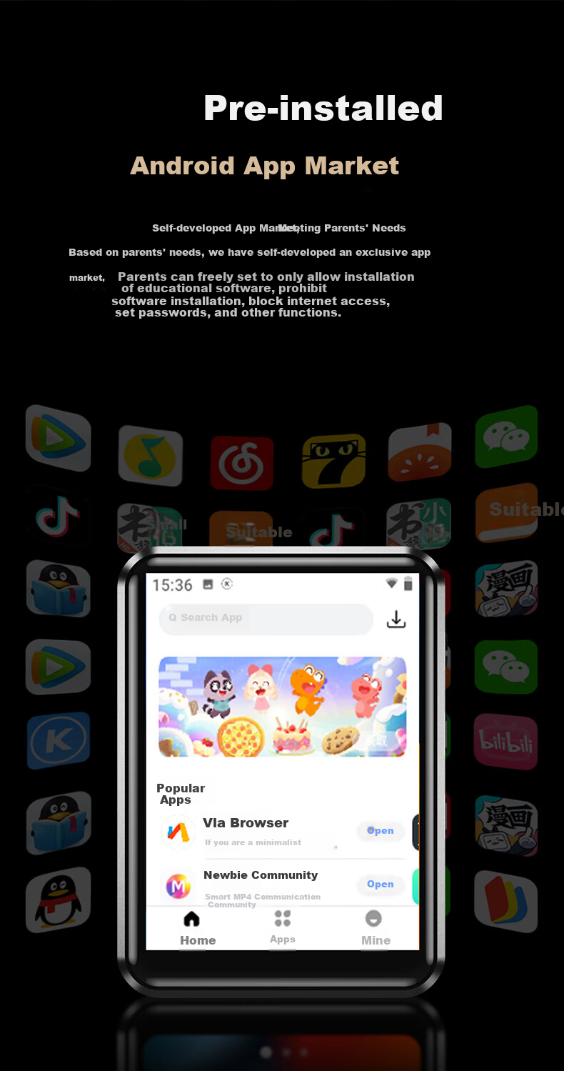 Sheng MP3 MP4 Player WiFi Internet Student MP5 Music Player Android 13 Bluetooth Speaker E-Book 2.4 Inch U3 3+16GB MT6761 7