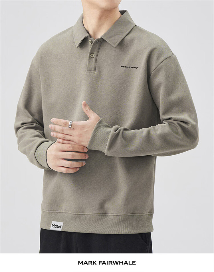 MARK FAIRWHALE Men's Sweatshirt Spring and Autumn Loose Casual Long Sleeve T-Shirt Men's Polo Collar Jacket Gray Green 3XL 4