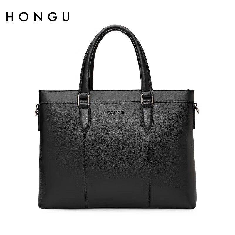 HONGU Leather Handbag, Top-Grain Cowhide Men's Briefcase, Large Capacity Horizontal Laptop Bag, Birthday Gift