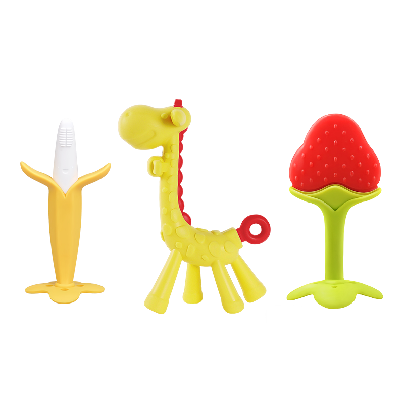Baoshi Teething Toys for Infants, Oral Stage 4-6 Months And Above, Teething Stick, Comforting Silicone Banana Giraffe, 3-Piece Set