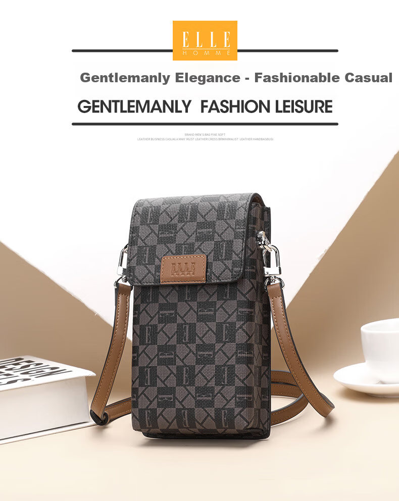 ELLE HOMME Fashion Single Shoulder Crossbody Bag Trendy PVC Leather Phone Bag Casual Unisex Small Shoulder Bag 3031 Dark Coffee 1