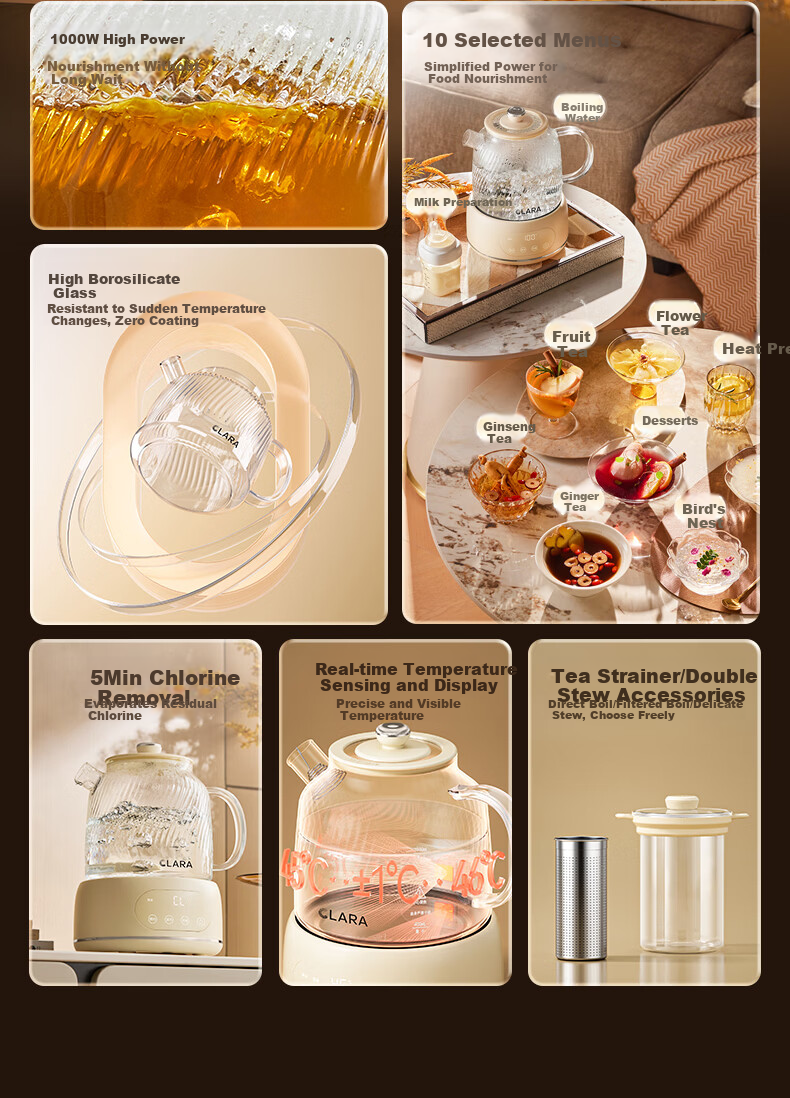 CLARA Glass Health Kettle 1L Temperature Control Tea Maker Electric Kettle for Office and Home (Standard Version) 2