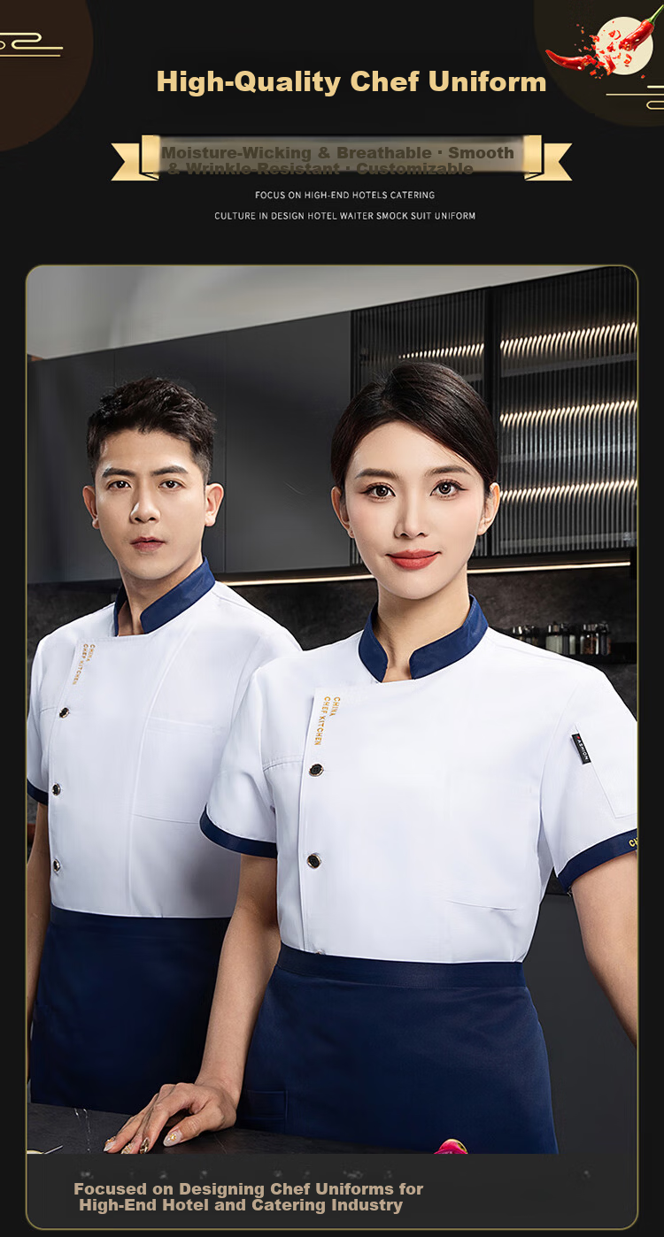 HANMANKE Summer Chef Workwear Short Sleeve Set Men Kitchen Uniform Work Clothes Custom Black Single Top 2XL 1