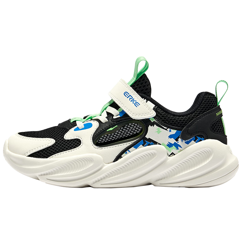 ERKE Children's Shoes, Boys' Velcro Casual Shoes, Kids' Summer Hollow Sandals, Black/micro-Crystal White/Lime Green, Size 36