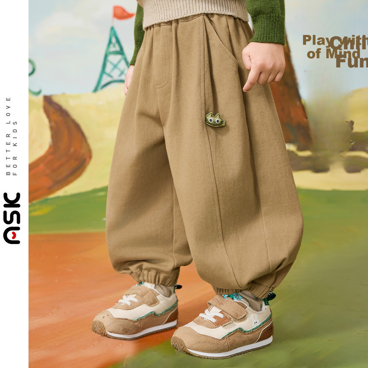 ASK JUNIOR Kids Pants Spring Toddler Solid Color Sports Pants Boys Brushed Casual Skin-friendly Long Pants Dark Khaki Size 90 1
