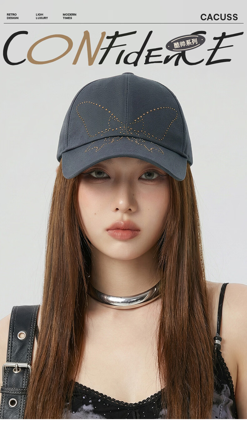 CACUSS Women's Baseball Cap Butterfly Rhinestone Cotton Soft Top Face Slimming Adjustable Strap Dark Gray 1