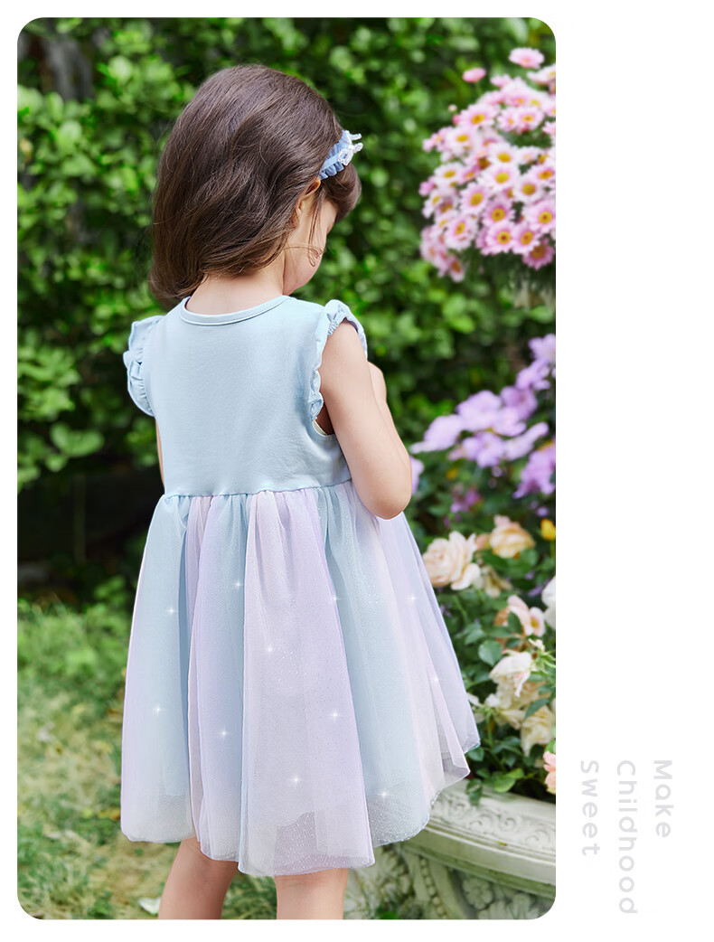 JELLYBABY Flutter Sleeve Fairy Dress Summer Girls Baby Patchwork Mesh Breathable Lightweight Skirt 26