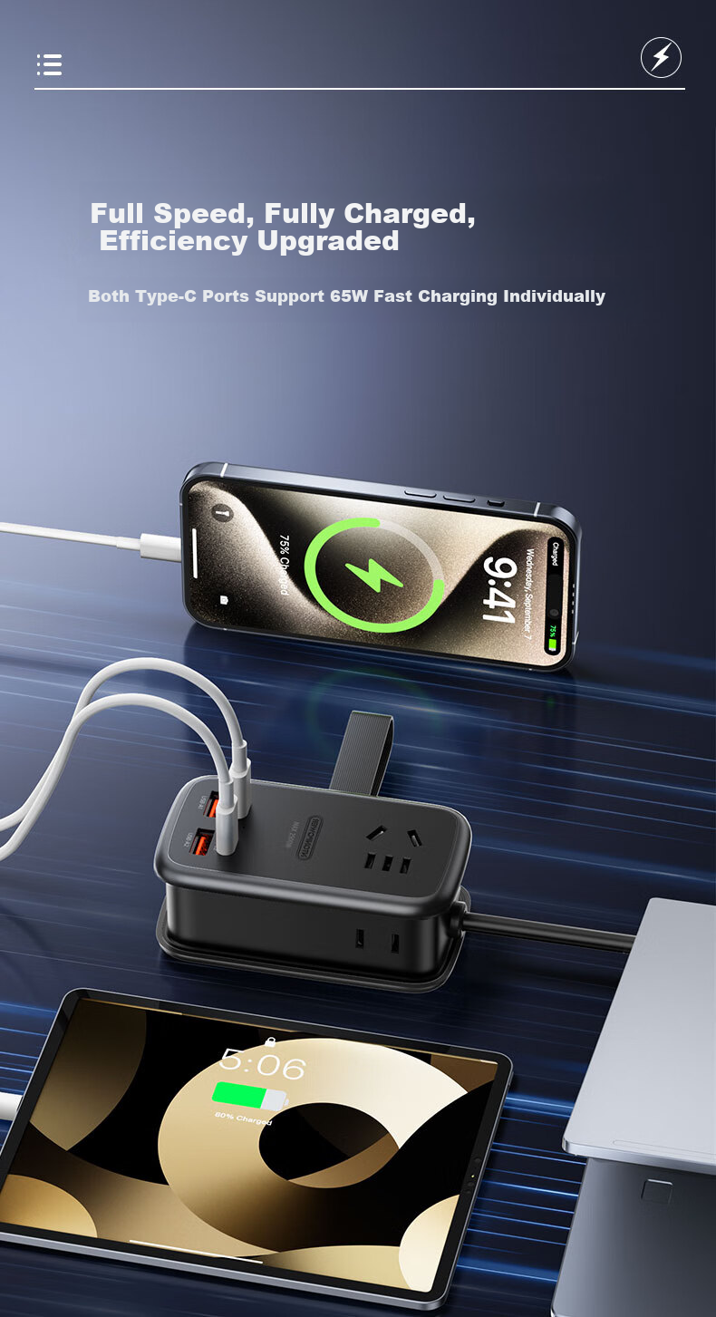 Niudundinglv 65W Gallium Nitride Pocket Power Strip + 60W Dual USB-C Fast Charging Cable Set, Supports Direct Laptop Charging, USB Power Strip/travel Socket/power Strip 5