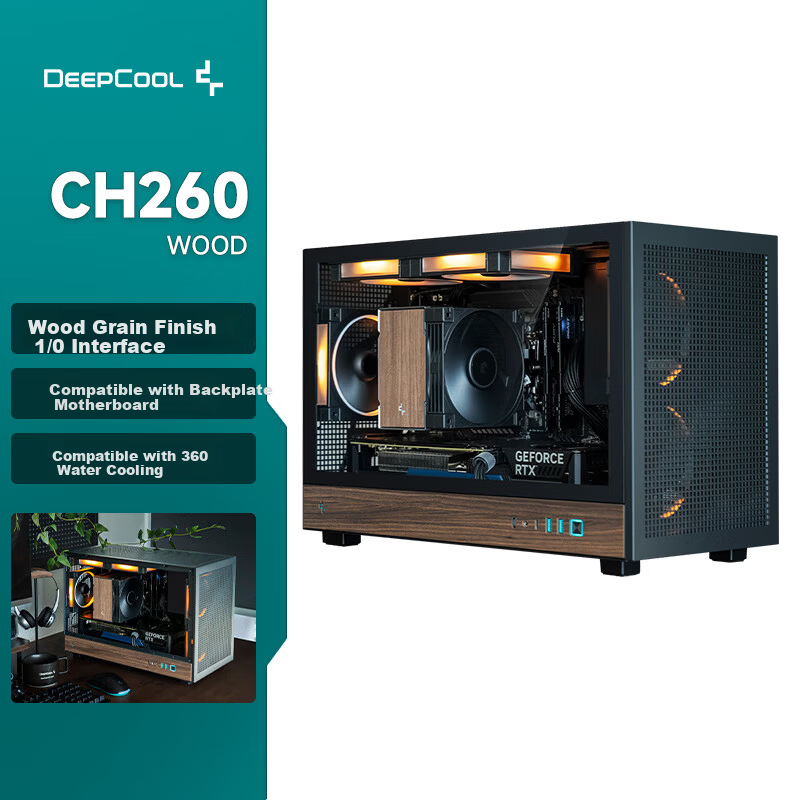 DEEPCOOL CH260WOOD Black Case Compatible with Backplate Motherboard / 360mm Water Cooling / ATX Power Supply / 174mm Air Cooling / Wood Grain Finish I/O Interface