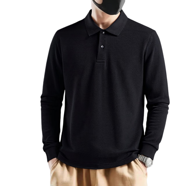 Jeanswest Men's POLO Shirt 2026 Spring Summer Casual Long Sleeve Solid Color Base Shirt Black L