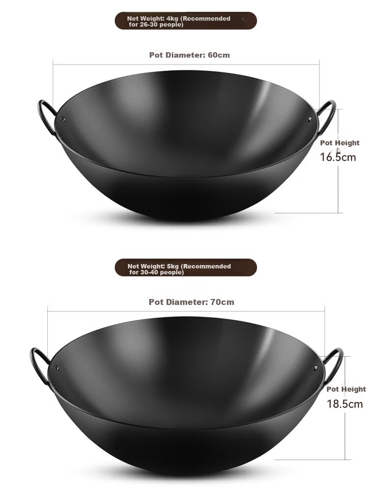 Sacon Commercial Double-Handle Iron Wok Hand-Forged Stir-Fry Pan No Coating Home Cooking Round Bottom Gas Stove 60cm with Lid 16