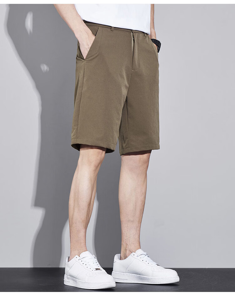 ROMON Men's Ice Silk Summer Lightweight Business Casual Five-Point Straight-Leg Suit Shorts Khaki M 12