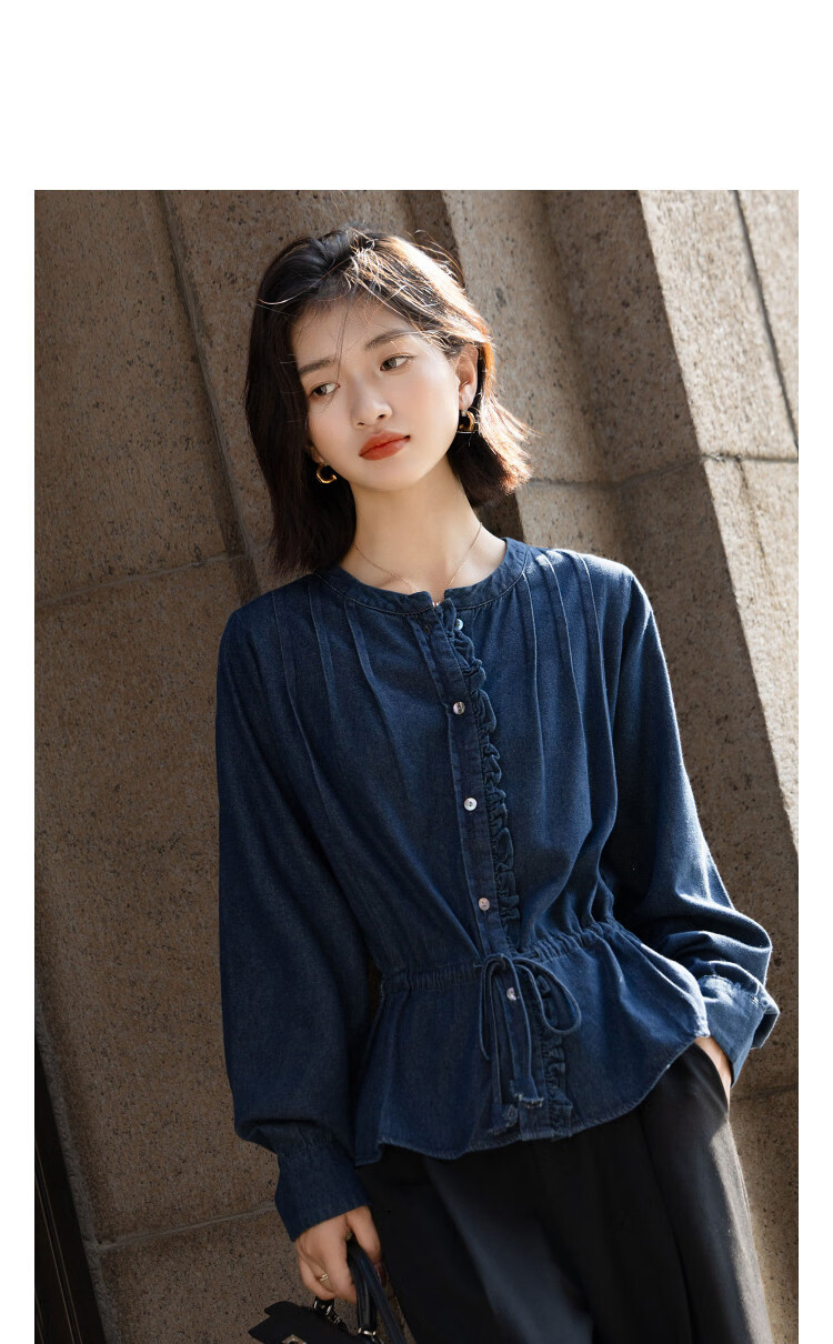 Demana Cloud Cotton 100 Lyocell French Style Round Neck Ruffle Drawstring Denim Shirt for Women Spring Autumn Premium 6