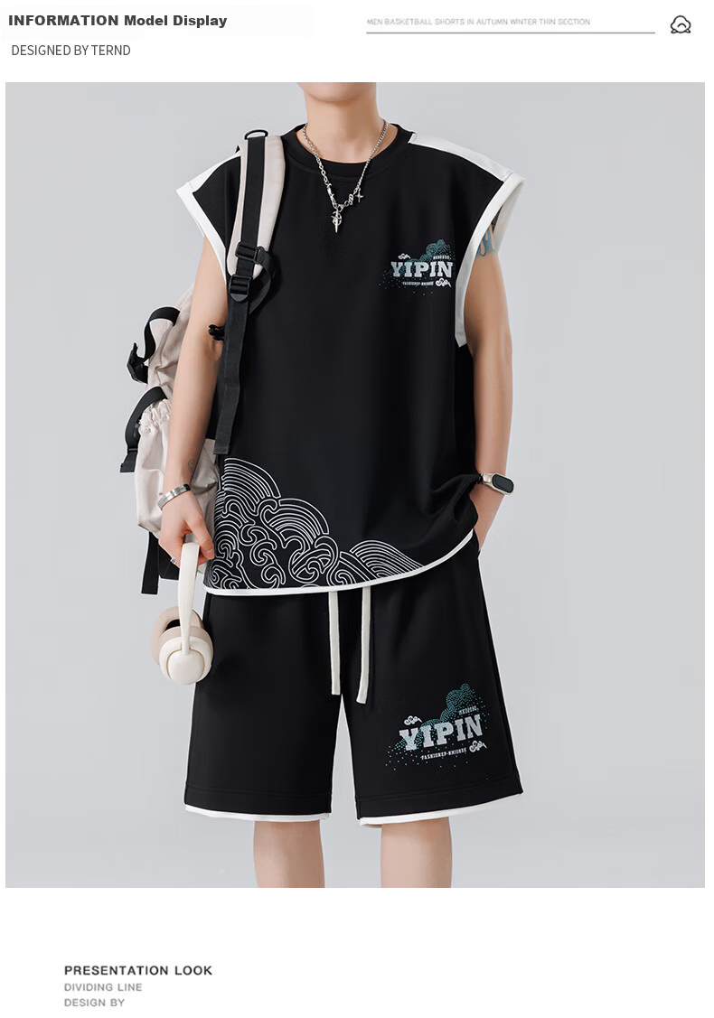 Foss Phil Men's Summer Sports Set Ice Silk Sleeveless T-Shirt and Loose Shorts Vest T07 White 2XL 9