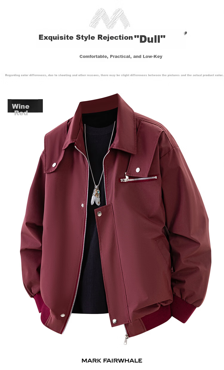 MARK FAIRWHALE Men's Workwear Jacket Spring Autumn American Style Baseball Jacket Wine Red M 4