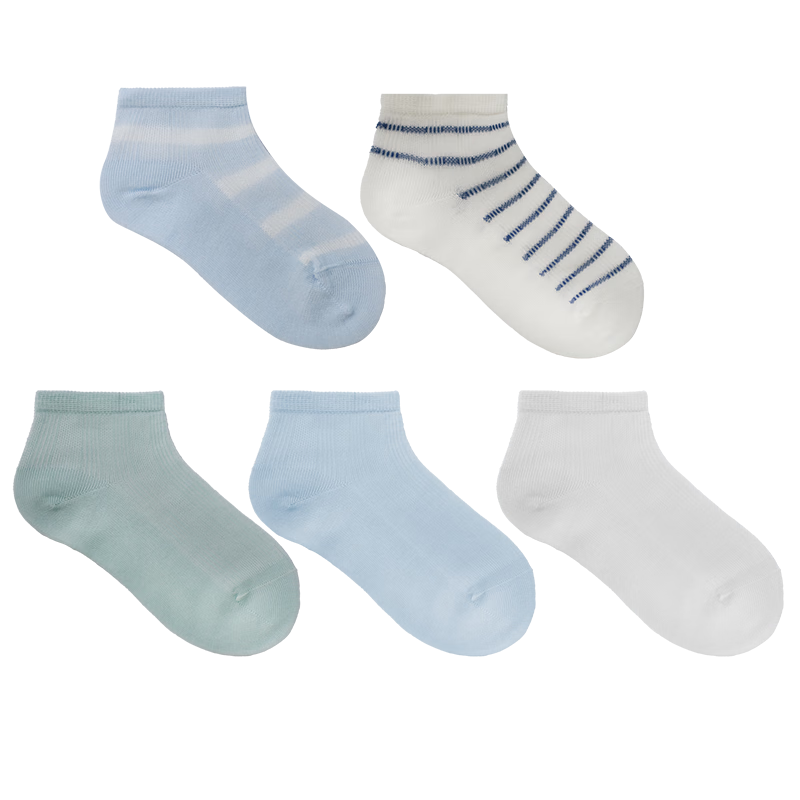 Aimer Kids Summer Socks 3A Antibacterial Deodorant Boys and Girls Short Socks 5 Pairs [Mesh Pearl Cotton] Blue Green White Stripes Size 20