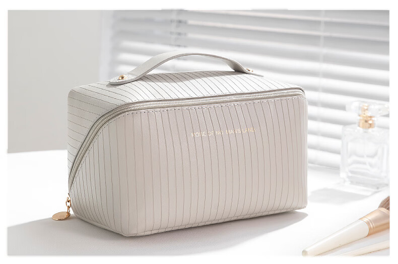 Qinxin Muyi New Vertical Stripe Pillow Cosmetic Bag Large Capacity Ins Popular Travel Makeup Storage Bag Toiletry Bag Gray 8