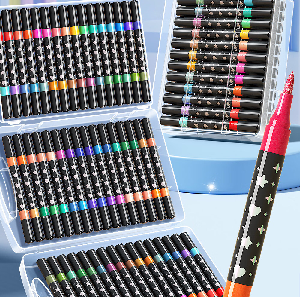 Mingyu Glitter Marker 24 Colors Double-Ended Sparkle Watercolor Pens for Kids Acrylic Soft Tip Washable Flashing Colorful Birthday Gift Drawing Journal Pens 24 Colors 2