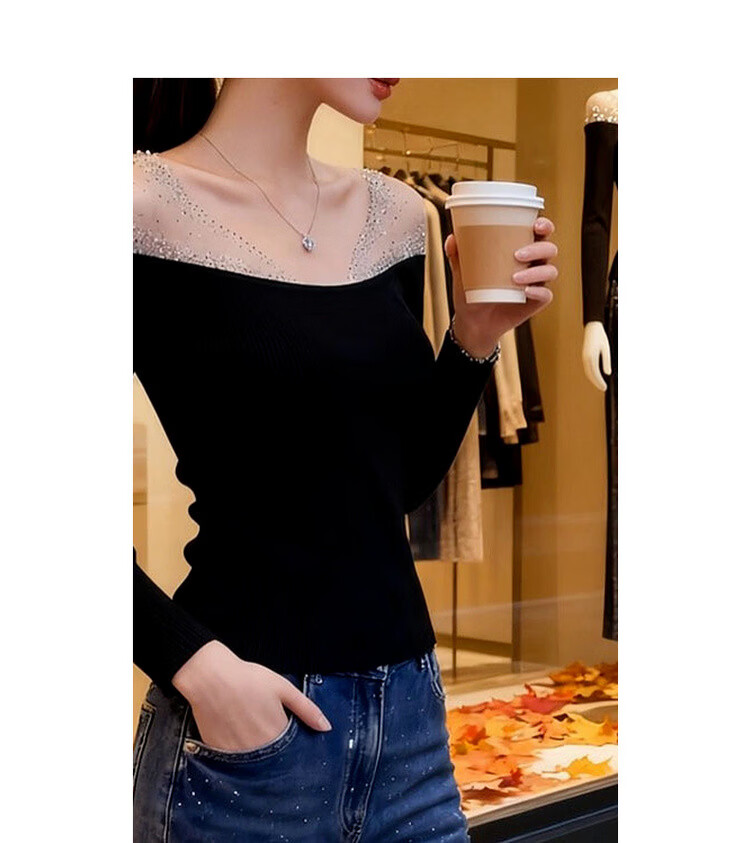 Mt [Galaxy Whisper] Spring Lightweight Sexy Rhinestone V-Neck Mesh Off-Shoulder Slim Fit Premium Women's T-Shirt 9