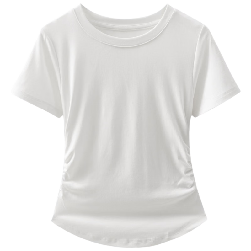 TUCANO Women's Short-Sleeve T-Shirt with Straight Shoulder, Summer 2025 New Style, Round Neck, Pleated, Slim-Fit, Waist-Cinching Top, Cream Yellow, M