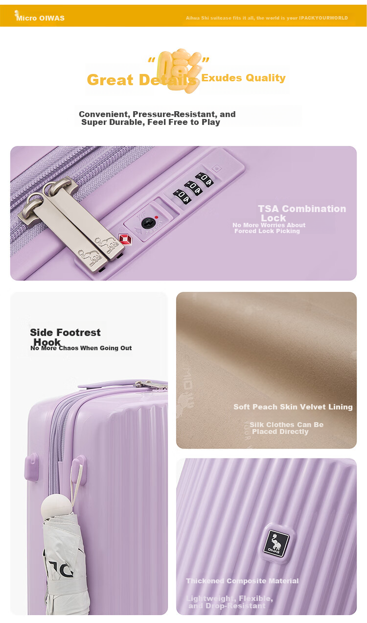 OIWAS Boom Boom 24-inch Luggage Women's Checked Dopamine Expandable Large Capacity Trolley Travel Suitcase with Password Lock Purple 11