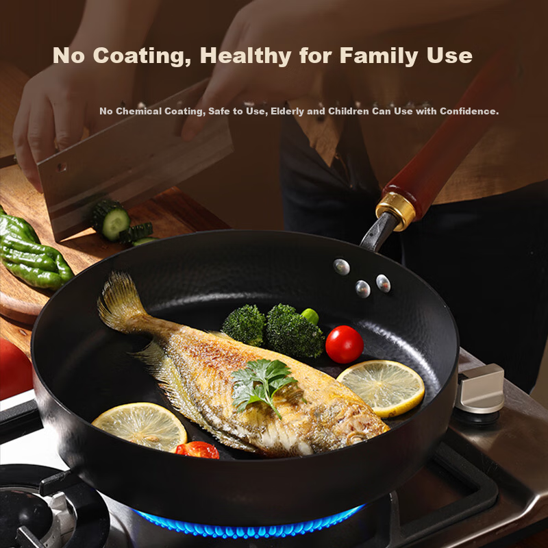 Yan Blacksmith Zhangqiu Flat Bottom Iron Frying Pan No Coating Cooking Pan Home Use Egg Frying BBQ Steak Pan Traditional Gas Stove 26cm