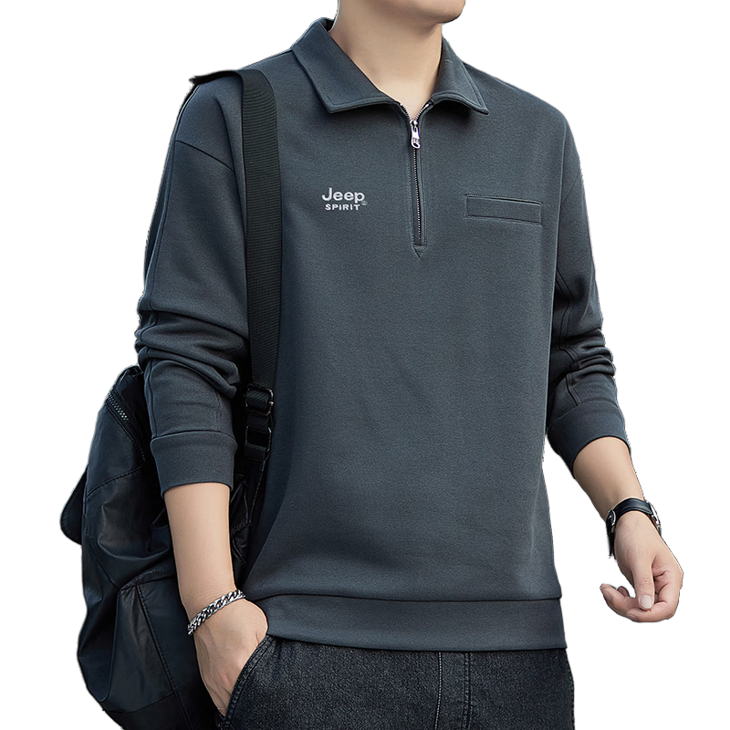 JEEP SPIRIT Men's Sweatshirt, Spring Season, Lapel Collar, Half-Zip, Loose Casual Top, Dark Gray, 4XL
