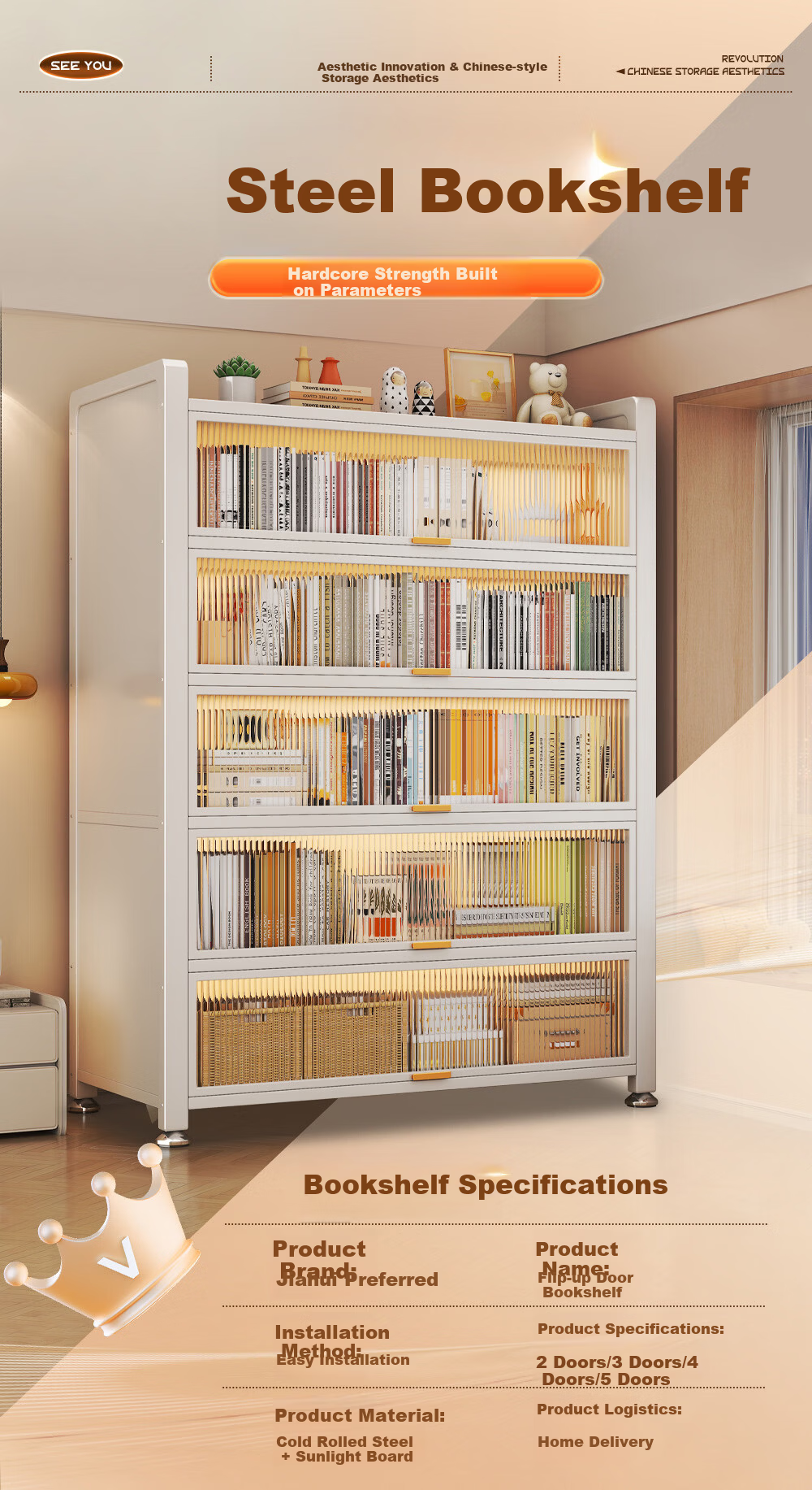 Jiahui Premium Bookshelf Home Floor-Standing Dustproof Storage Cabinet Multi-Layer with Doors White 3-Tier 120cm Length 11
