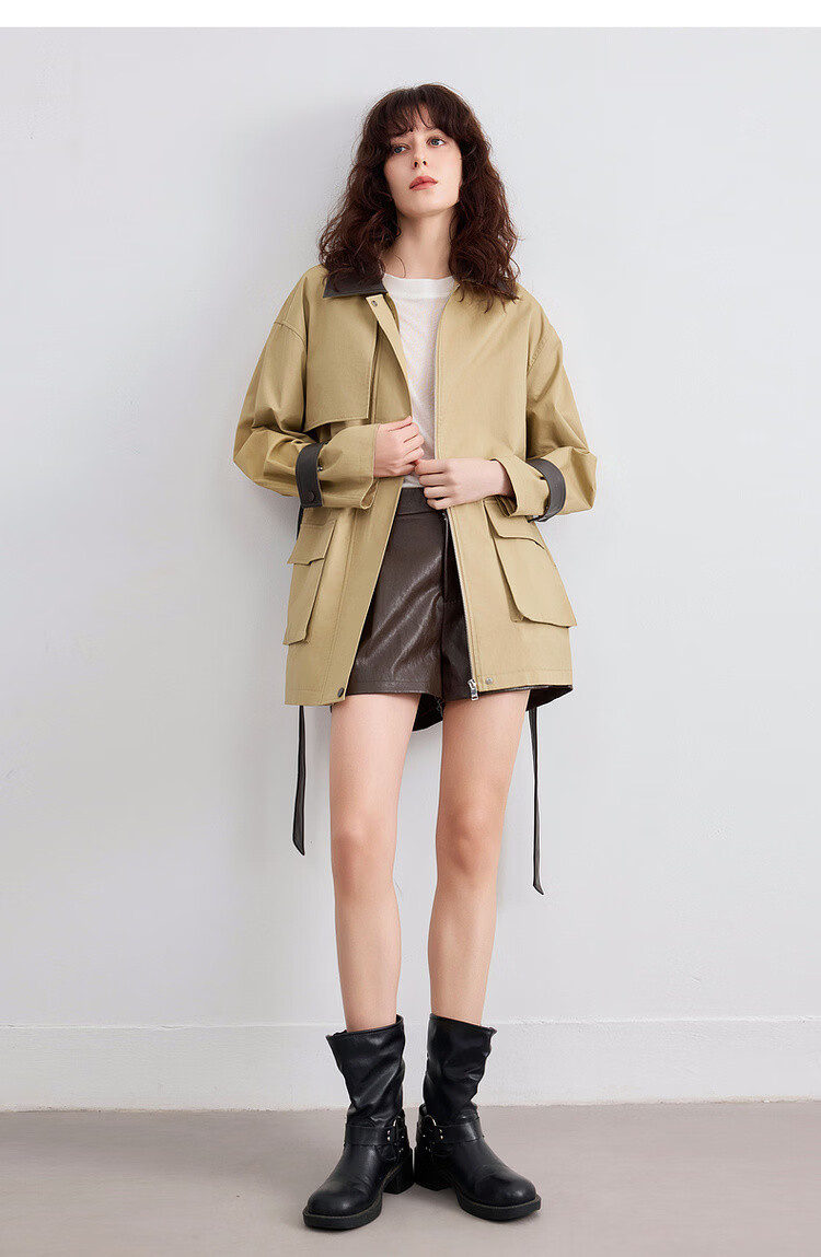 Demana Pure Cotton Barn Style Autumn Color-Block Lapel Splicing PU Patch Pocket Loose Slim Fit Women's Jacket Premium Quality 18