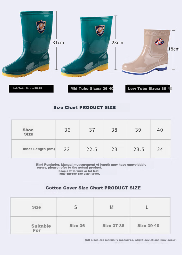 FOOTOPPO Women's Waterproof Rain Boots Fleece-Lined Mid-Calf High Tube Rubber Shoes Adult Waterproof Long Boots 12