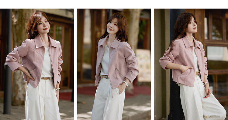 Mt [Mist Wild Rose] Spring Sweet Cool Style Suede Lapel Zipper Loose Short Women's Jacket Coat 6