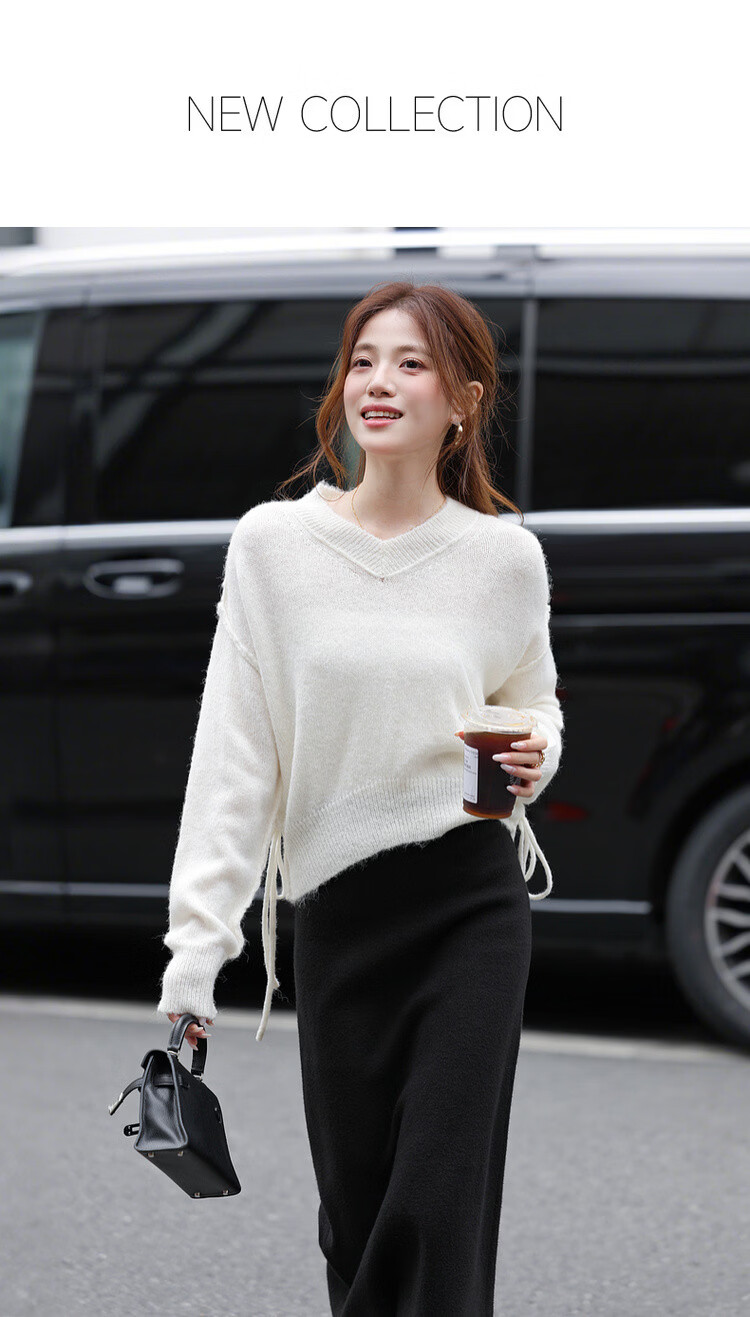 MT Spring Soft V-Neck Pleated Knit Sweater with Fluffy Wool for Women 1