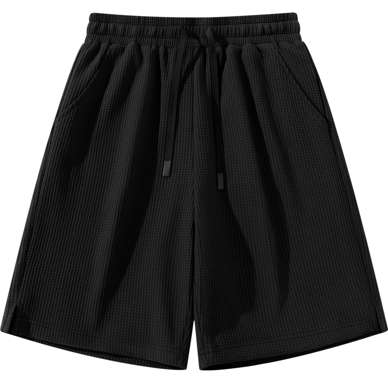 Gxgjeans Men's Casual Waffle Texture Drawstring Loose Straight Shorts 26 Summer New Black 185/XXL