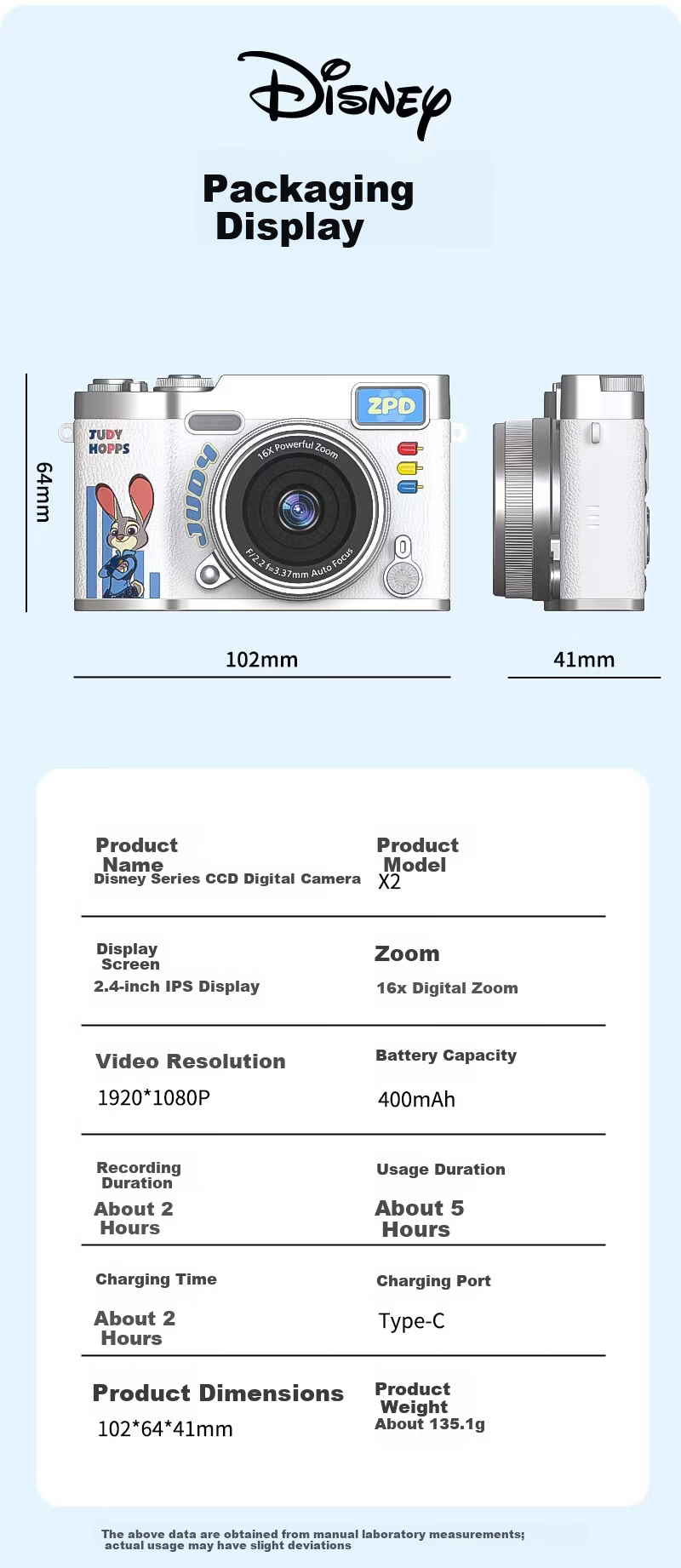Disney Zootopia Kids Camera CCD Alternative Student Flip Screen Portable Entry-Level Camera for Photography Travel Boys Girls Birthday Lantern Festival School Gift X2 Judy 18