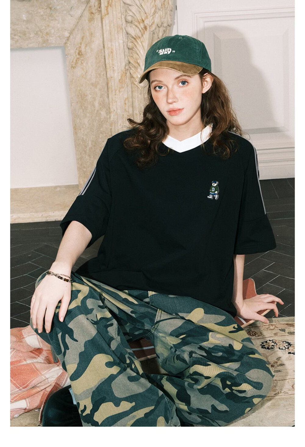 ICH MODE Raglan Stripe V-Neck Short Sleeve T-Shirt Women Summer Bear Series Sorona Cooling Top Black M 7