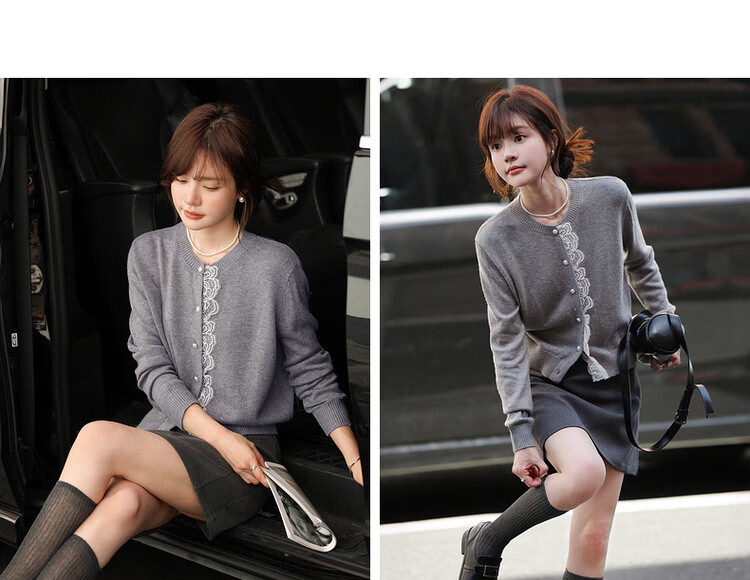 Mt Spring Gentle Style Lace Splice Cardigan Round Neck Petite Knitwear with Comfortable Warm Wool 12