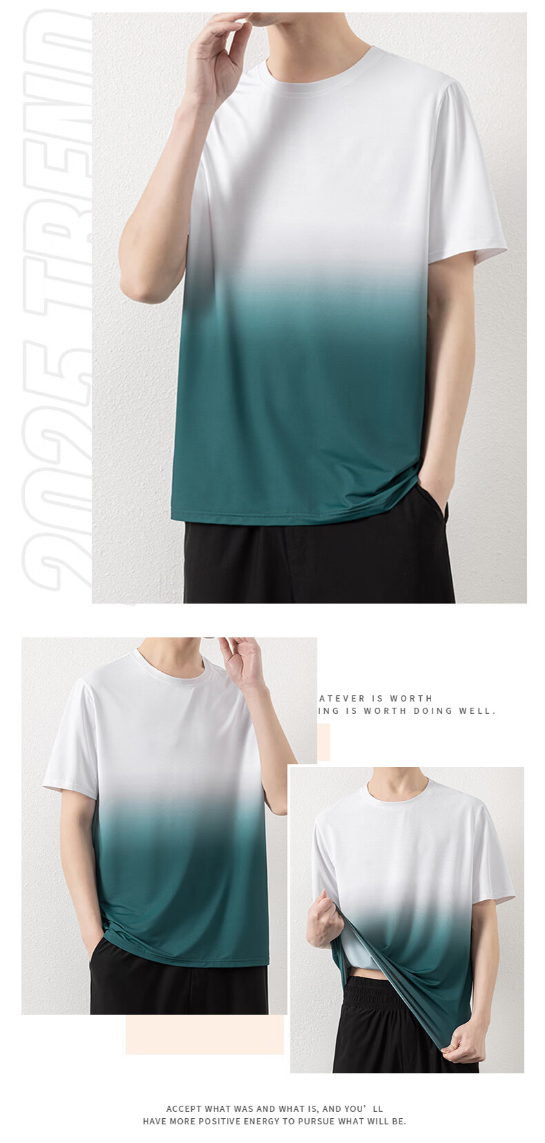 ROMON Men's Short Sleeve T-Shirt Summer Gradient Quick-Dry Breathable Cool Ice Silk Top Light Blue M 8210 17