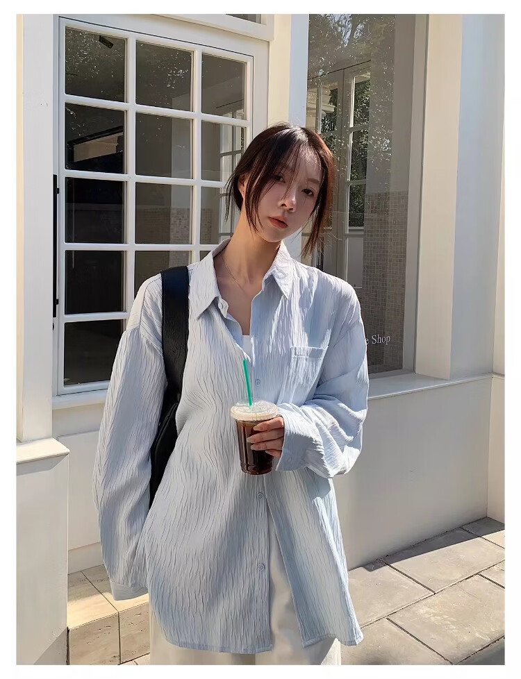 ICH MODE Textured Lazy Style Physical Sun Protection Long Sleeve Shirt Island Vacation White S 10