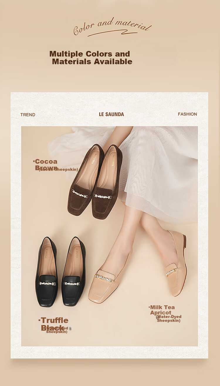 Le Saunda Solid Color Square Toe Lambskin Slip-On Loafers for Women 6T06805 Milk Tea Almond BEK 35 8