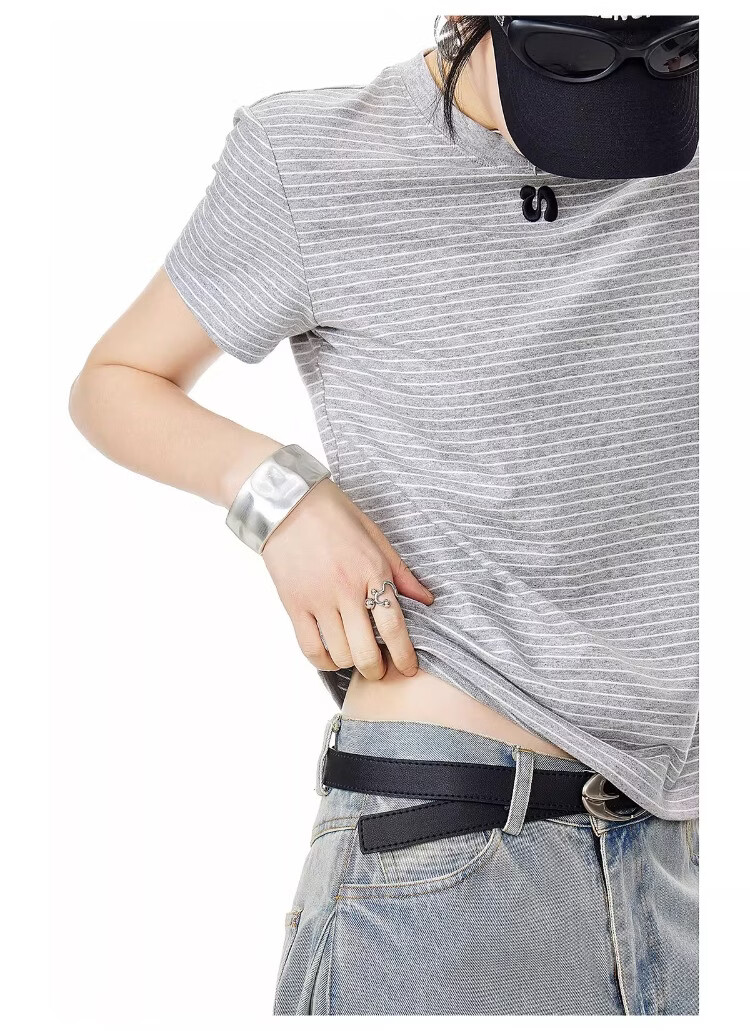 ICH MODE American Style Striped Slim Fit Short Sleeve T-Shirt for Women 2026 Summer New Hot Slim Shoulder Short Top White S 6
