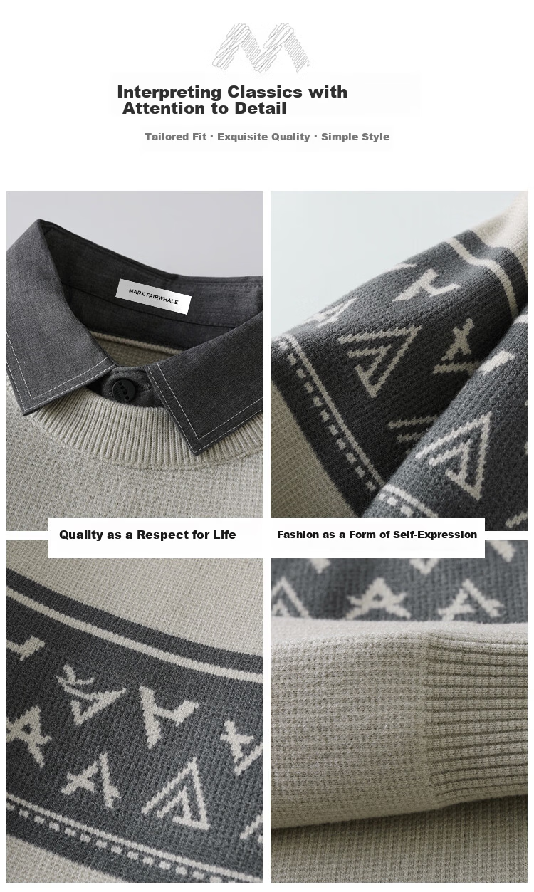 MARK FAIRWHALE Men's Autumn Winter Shirt Collar Knitwear Warm Fake Two-Piece Sweater Light Gray M 2