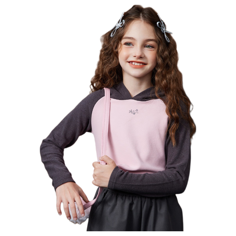 ASK JUNIOR Girls' Autumn Set: Long-Sleeve Hooded T-Shirt, Elastic Yoga Pants, Sports Two-Piece Set, Pink, Size 150