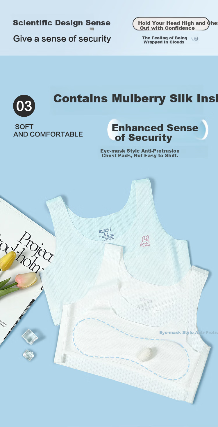 Hodohome Girls' Developmental Stage 1 Mulberry Silk Mesh Breathable Seamless Student Bra 036 A70 5