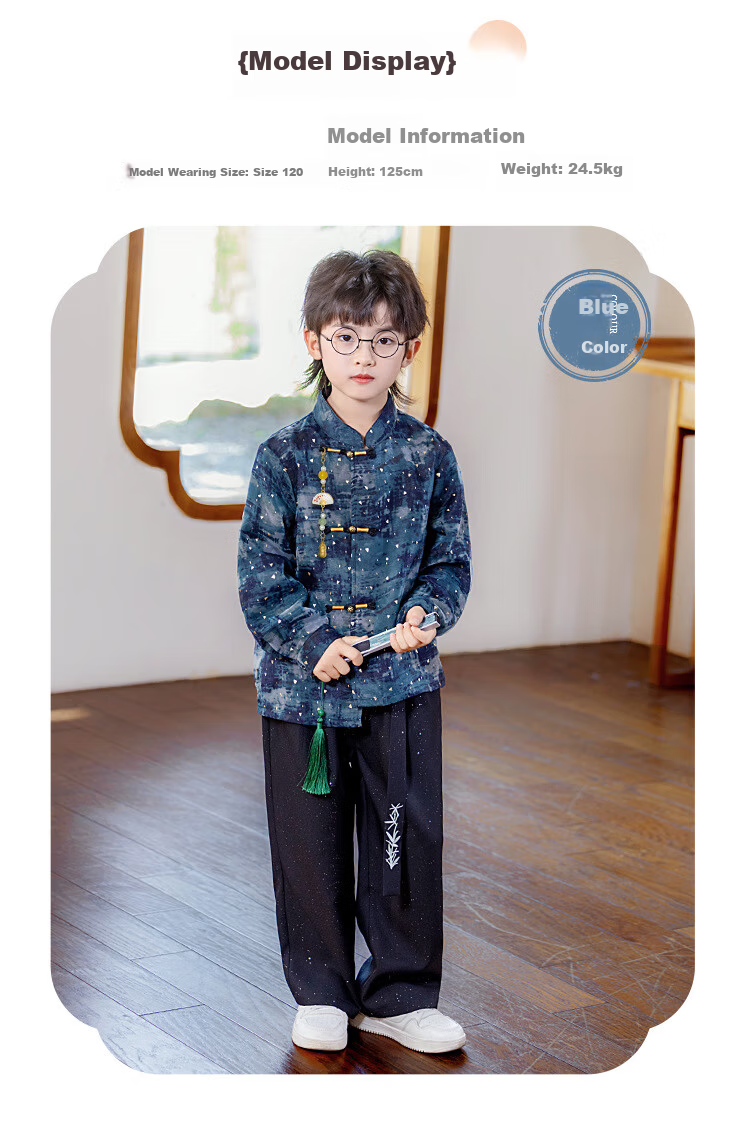LUOBOBEIBEI Boys' New Chinese Style Hanfu Long Sleeve Suit Children's Hosting New Year Outfit Blue Three-Piece Set 150 6