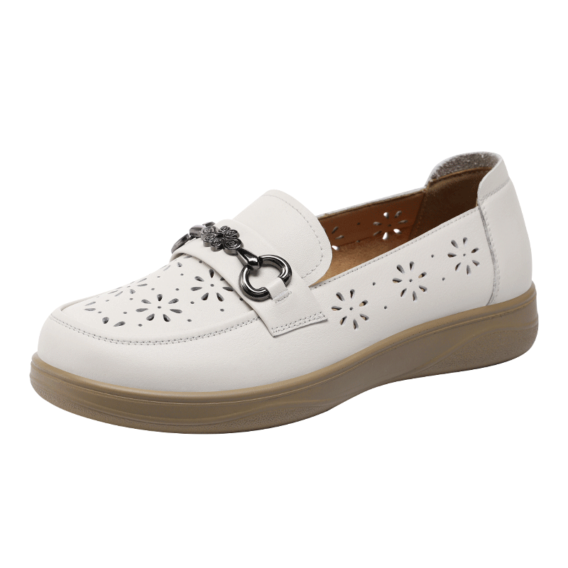 Red Dragonfly Women's Leather Breathable Comfortable Slip-On Soft Sole Flat Loafers WTB265182 Off-White Size 37
