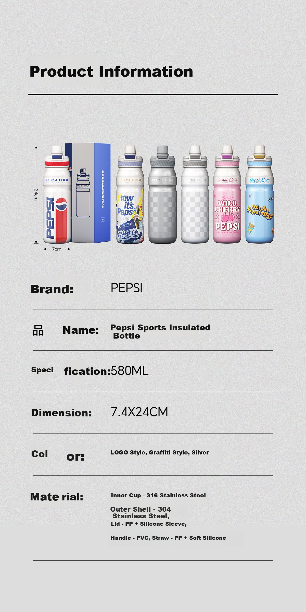 PEPSI Insulated Tumbler 316L Stainless Steel Straw Cup Outdoor Sports Water Bottle Portable Travel Cooler Cup Badge Pearl White 18