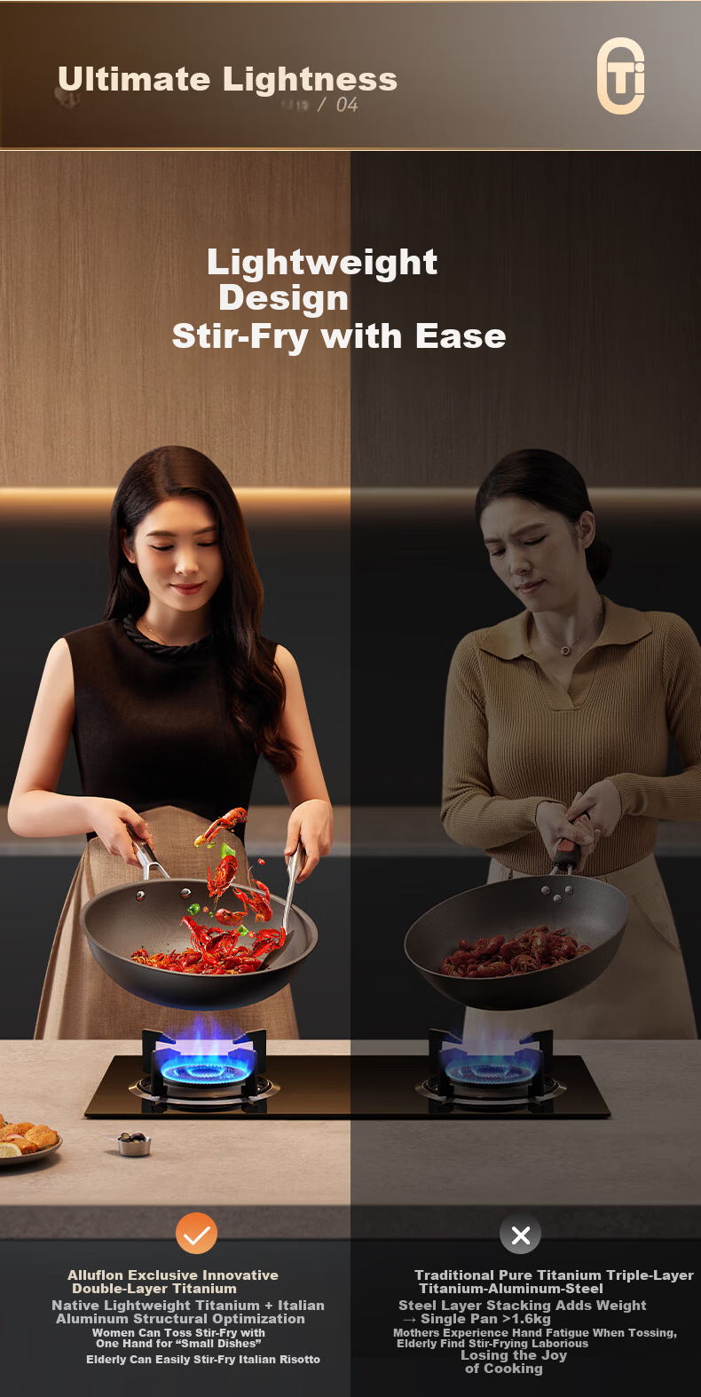 Alluflon Aluflon Pure Titanium Non-Coated Non-Stick Frying Pan Flat Bottom High-Temperature Resistant 32cm 11