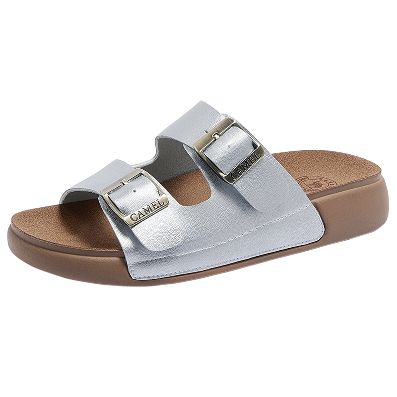 CAMEL Birkenstock Style Women's Casual Versatile Outdoor Slide Sandals L26M504022A Silver (Leather) Size 37