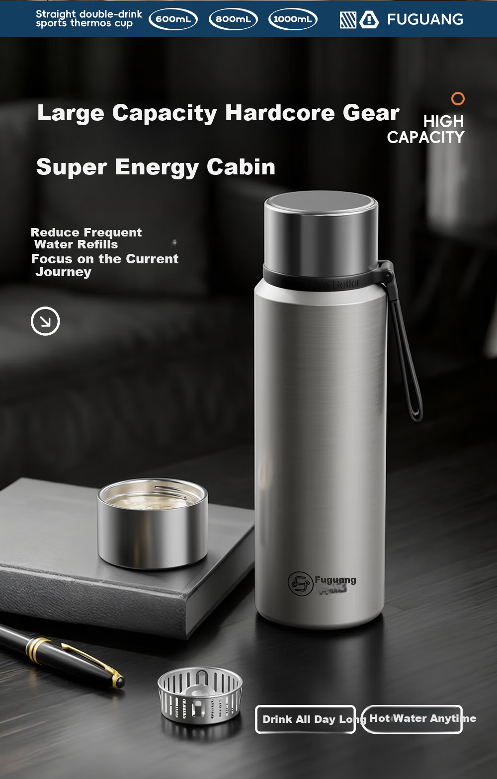 Fuguang Large Capacity Insulated Bottle 316L Stainless Steel Full Steel Lid Water Bottle Men Women Tea Separation Brewing Cup Student Cup 10